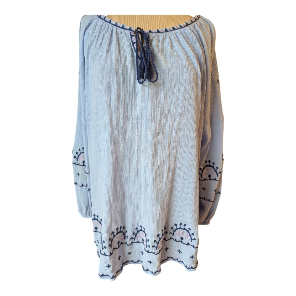 Ellos Light Blue Balloon Sleeve 100% Cotton Embroidered Top Womens Size 18 Boho